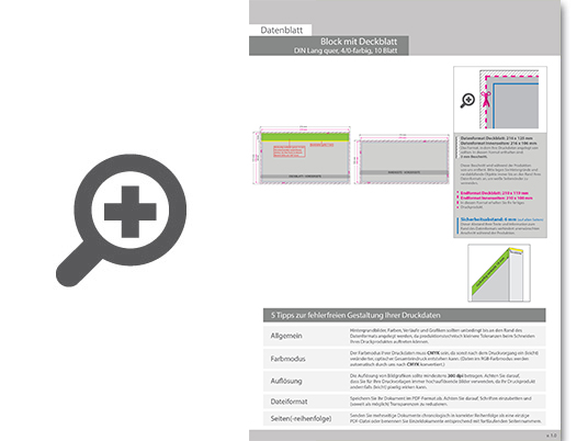 Product Bild block_mit_leimbindung_und_deckblatt__din_lang_quer__10_blatt__4_0_farbig_einseitig_bedruckt